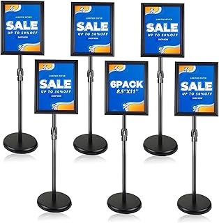 Sign Holder Stand - 8.5 ×11 inch Standing Display Sign Stand, Adjustable Poster Sign Holder Heavy Duty Pedestal Floor Sign Stand, Snap Open Frame for Vertical & Horizontal View, Black (Black, 8.5x11 6-Pack)