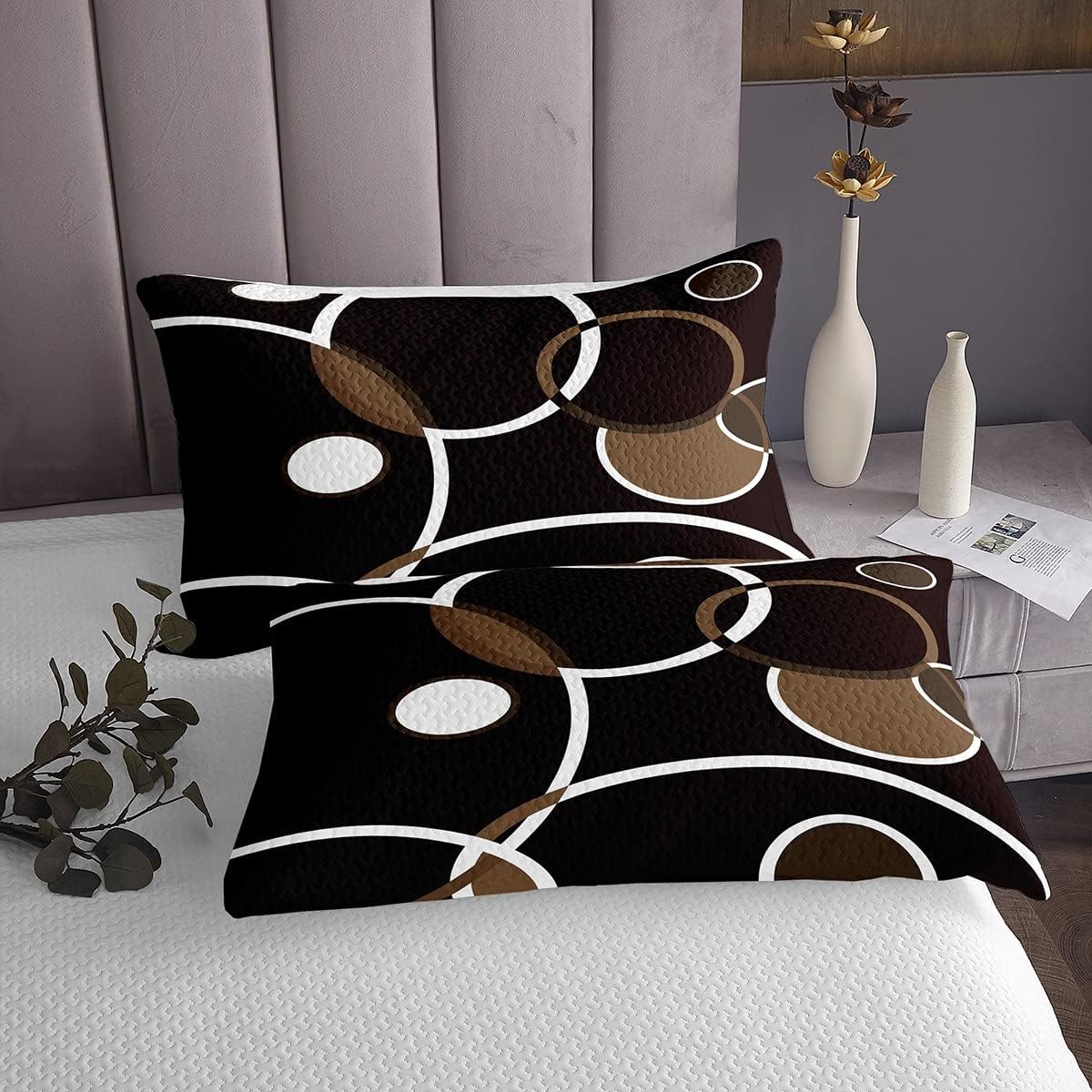 Erosebridal Geometric Bedspread Twin Size Black Brown Circle Quilt Set, Modern Abstract Coverlet Set Stripe Bedding Set, Ultra Soft Breathable Lightweight Bed Cover 2-Piece White