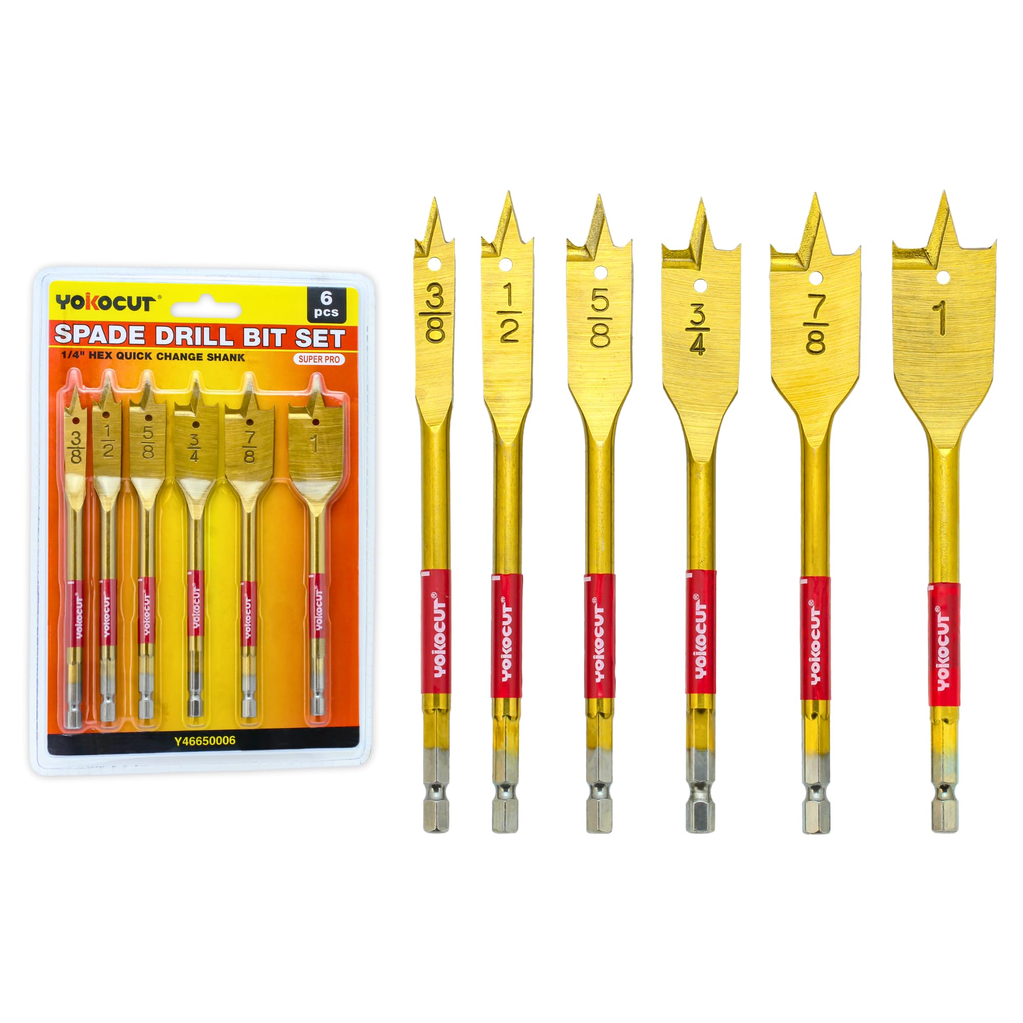 Spade Drill Bit Set, 6PCS Paddle Bits Set, 3/8"-1" Spade Bits with 1/4 Hex Shank, Wood Hole Cutter, Drill Bits for Wood