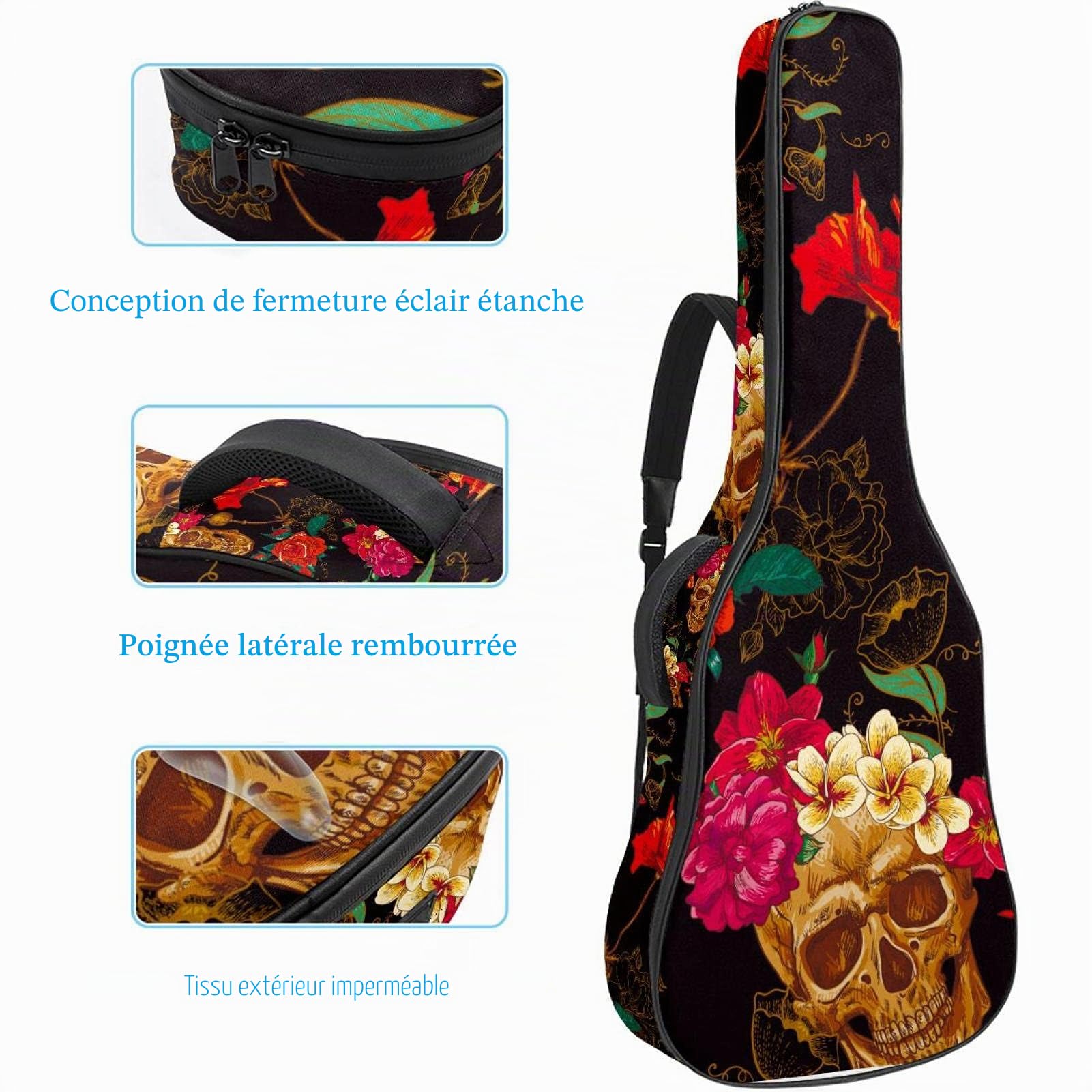 Sac de transport souple pour guitare électrique avec double sangle d'épaule réglable pour guitare basse, guitare acoustique et guitare folk classique avec motif crâne et fleur
