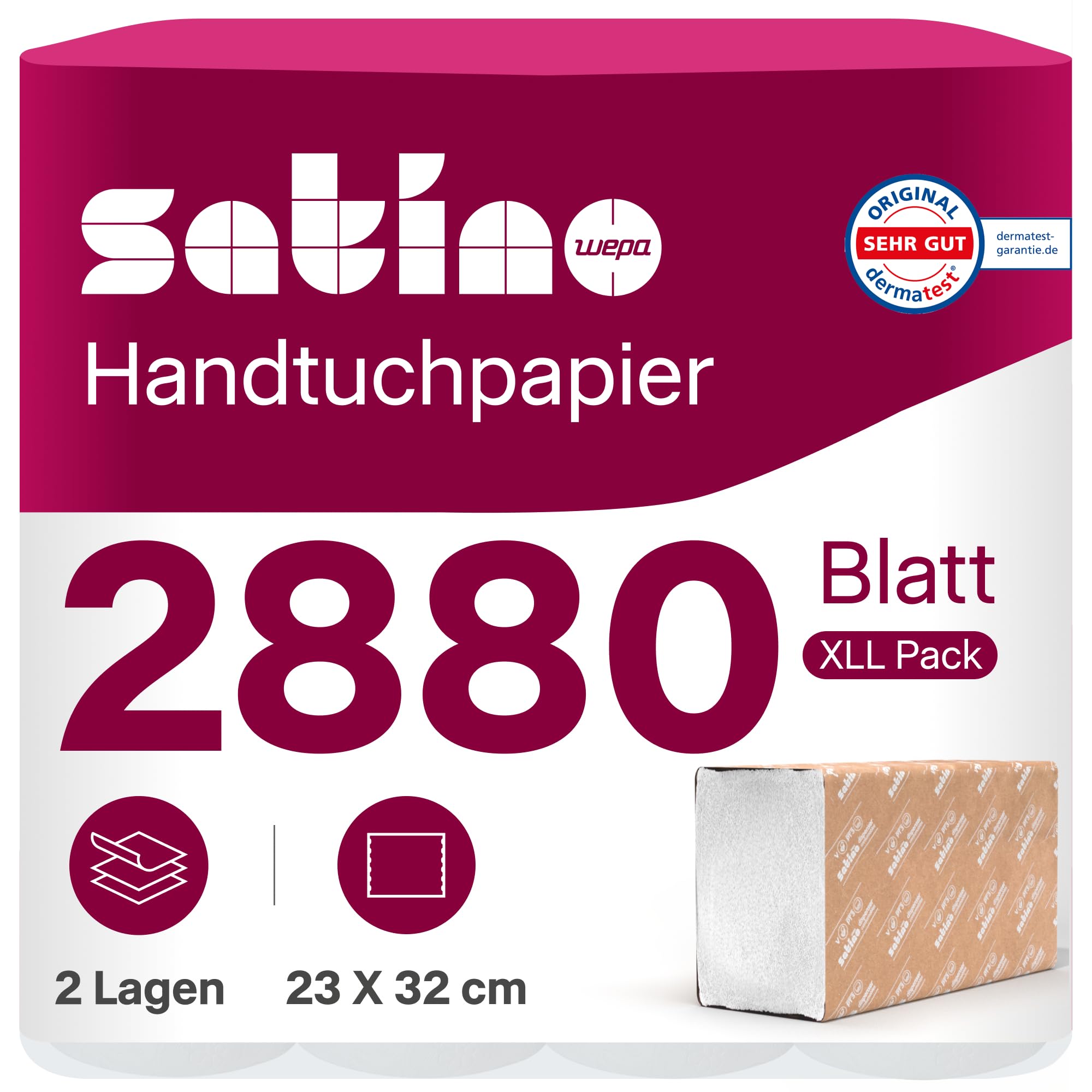 Satino WEPA 276790 - Papel de toalla (2 capas, compatible con PT3, 20 x 144 hojas, celulosa, pliegue C, 2880 hojas), color blanco