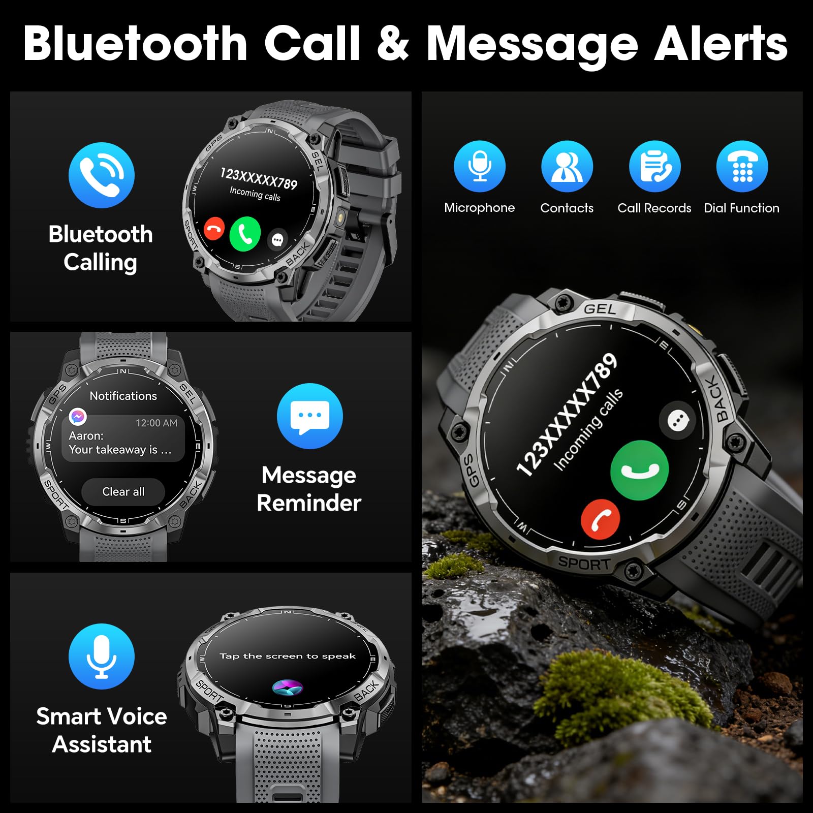Montre intelligente militaire pour homme avec GPS, montre tactique AMOLED HD de 3,6 cm avec appel Bluetooth, lampe de poche LED, boussole, plus de 100 modes de sport, traqueur de fitness
