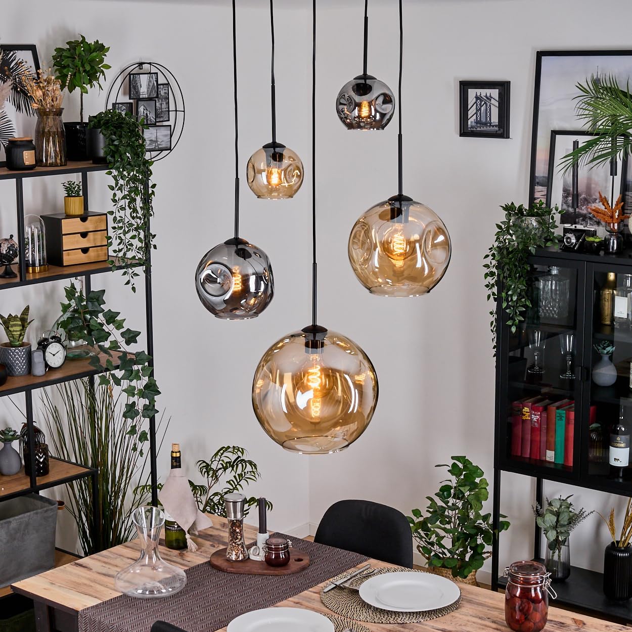HOFSTEIN Koyoto Pendant Light 5-Bulb Metal Pendant Lamp in Black/Chrome/Smoke/Clear/Copper/Gold Retro Pendant Light Shade Diameter 15 20 25 30 cm E27 Dining Room Kitchen Living Room