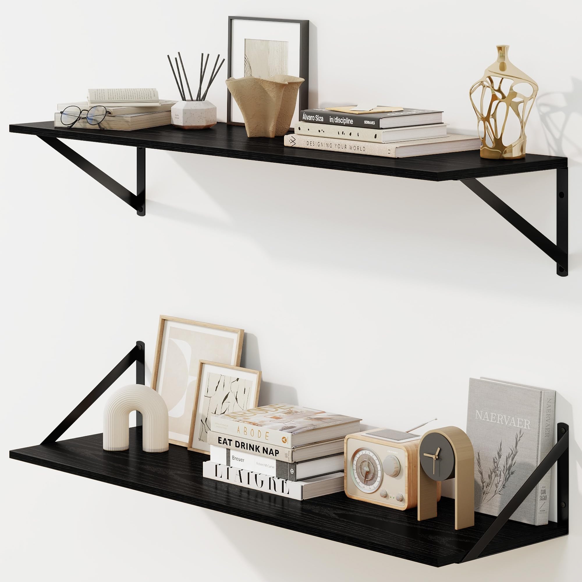 Fun Memories Deep Floating Shelves for Wall, 90 x 20 cm Wall Mounted Shelves Set of 2, Wide Display Ledge Shelf with Sturdy Metal Brackets for Living Room, Bathroom, Bedroom and Kitchen, Black