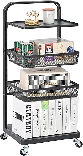 TOOLF Carrito de almacenamiento rodante, carrito utilitario de metal de 4 niveles con ruedas, carrito organizador de cocina de altura ajustable,