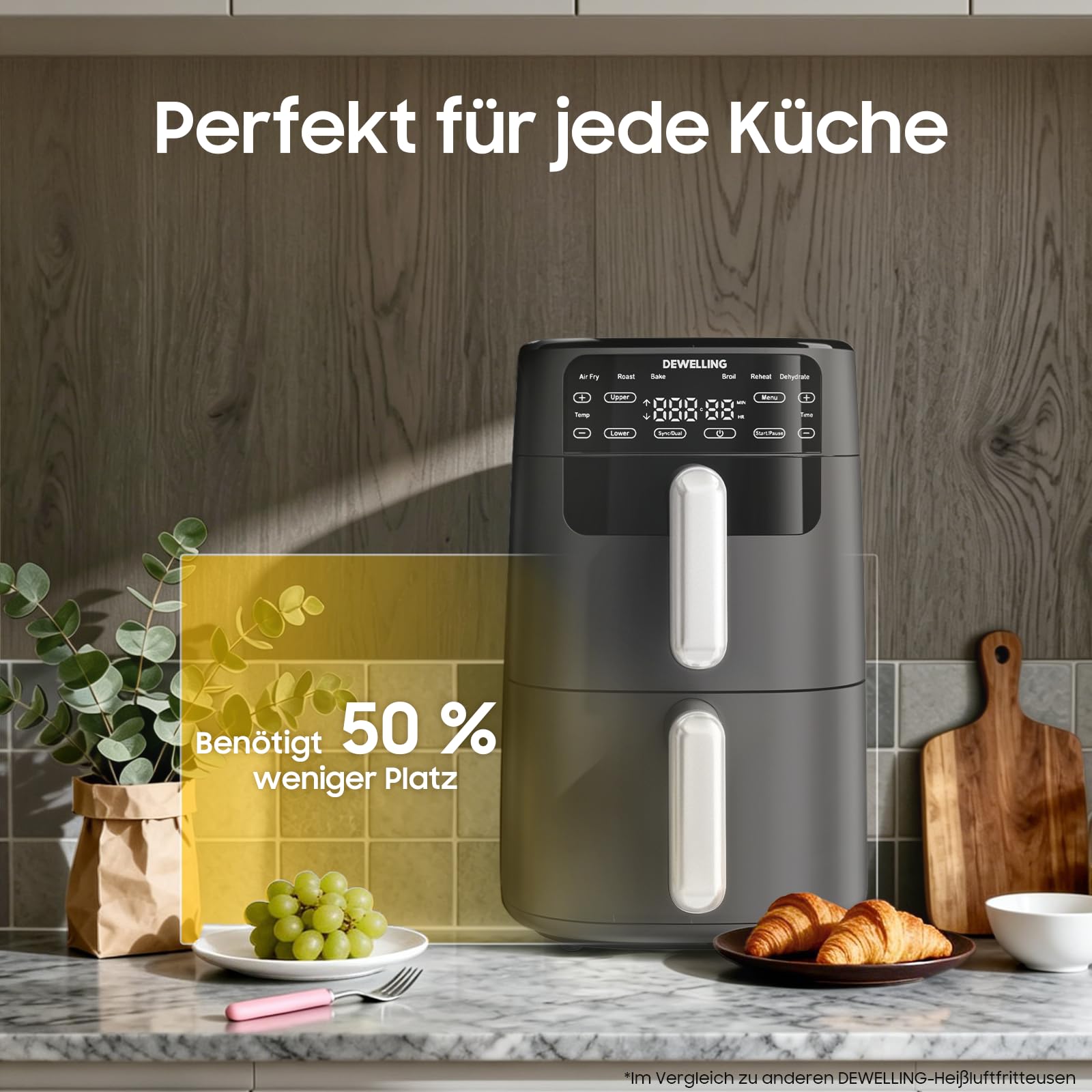 Airfryer 10L Double Stack - 2700W Heißluftfritteuse 2 Kammern, XXL Heissluftfritteuse mit vertikale Doppelkammer, 6-in-1-Funktionen, Max 230°C, PFAS-frei, Spart 50 Prozent Platz, Rezeptbuch