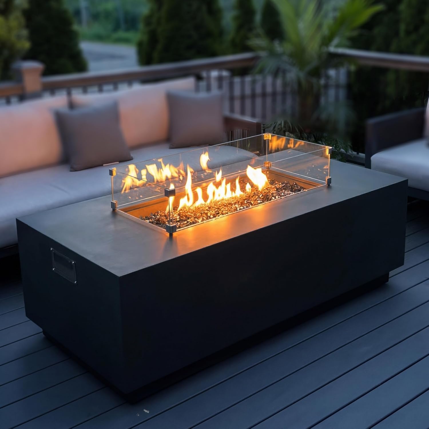 AMS Fireplace Genuine Concrete Rectangular Propane Fire Pit Table for Outside Patio (66" Sedona) | Hidden Tank Drawer & Electronic Ignition | w/Bonus Ice Bucket and Rubber Mat (Dark Gray)