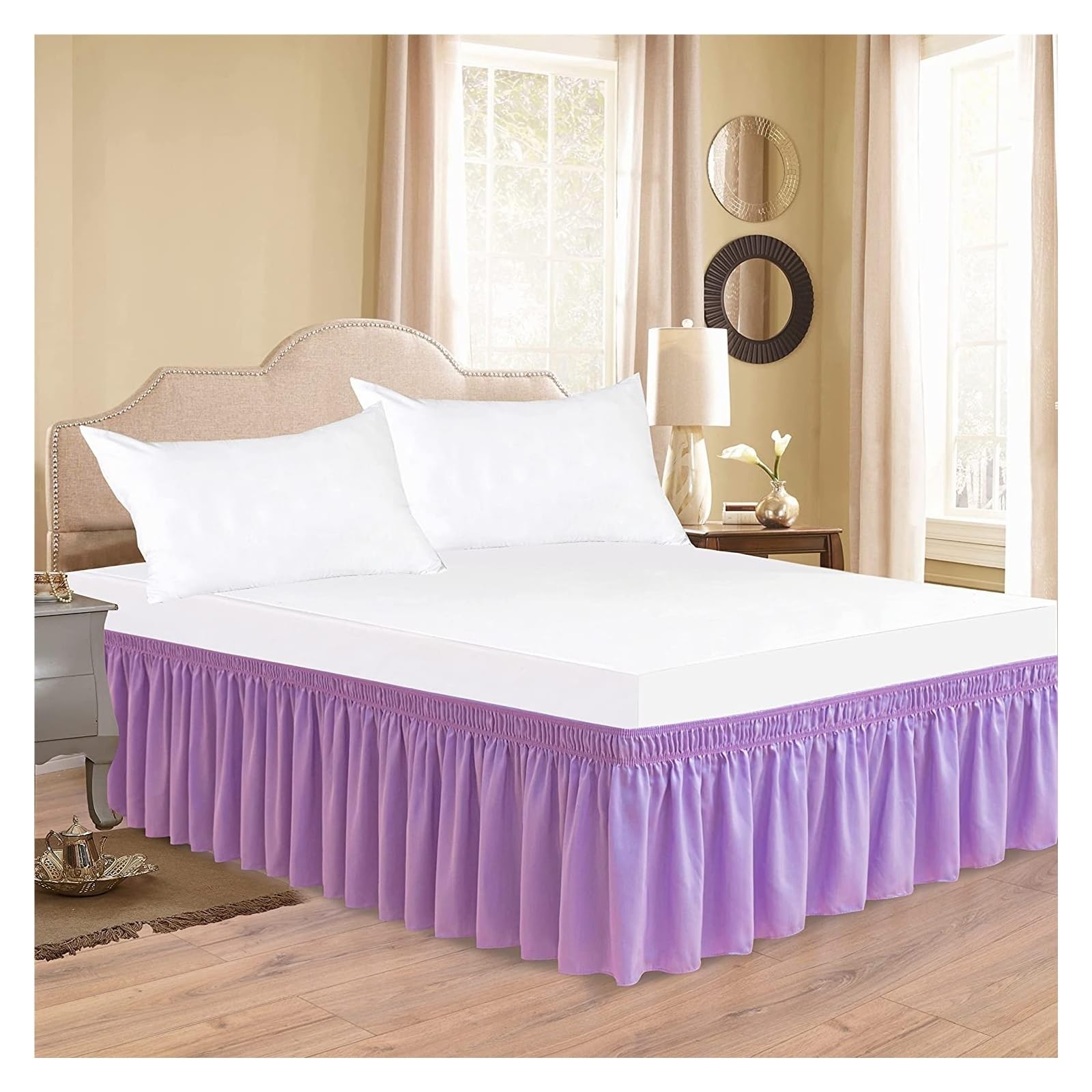 Bettrock Klassischer, Dicker, einfarbiger Bettrock mit Rüschen, Knitter- und lichtbeständigem Stoff und breitem elastischem Gürtel(Violet,152x180x53cm)