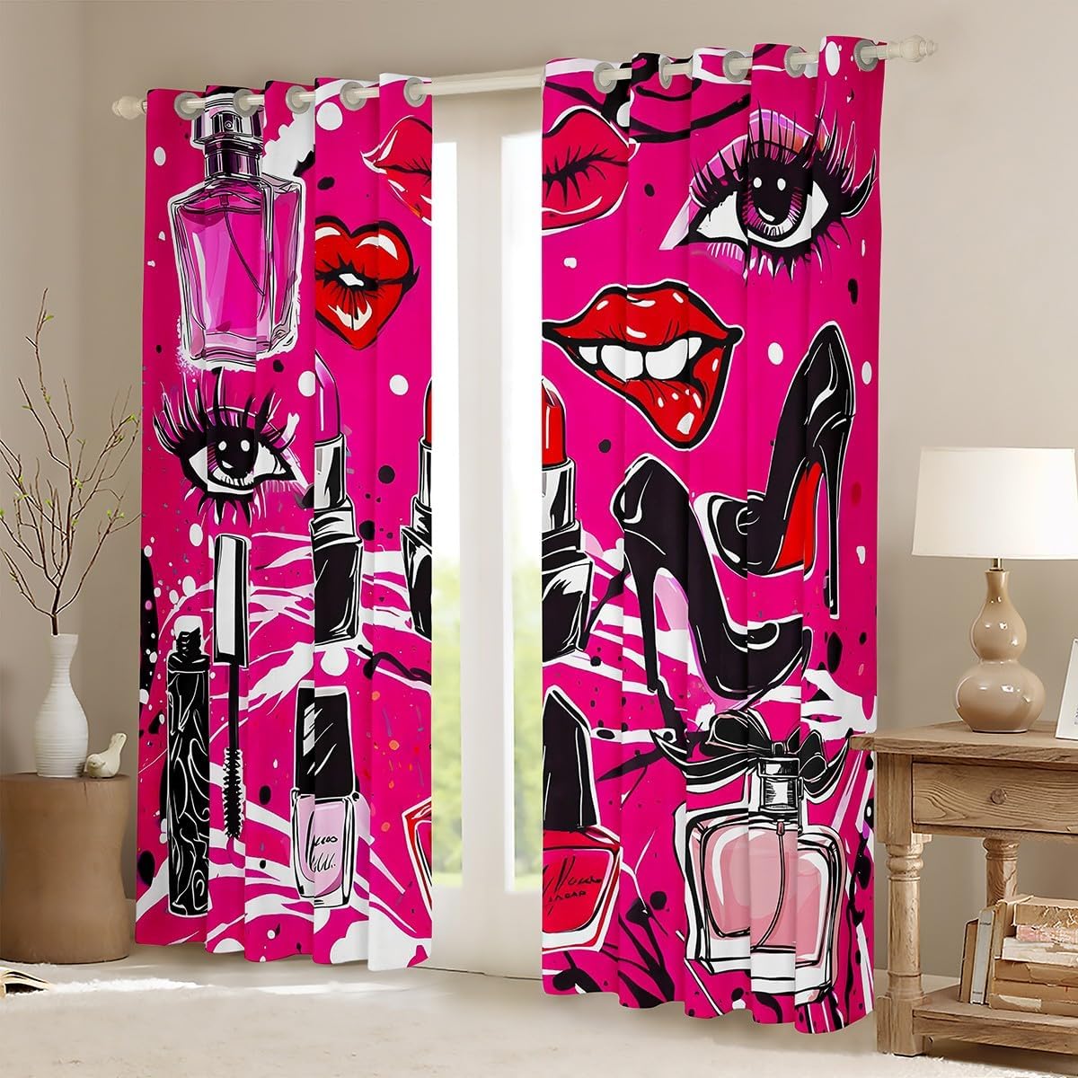 American Flag Window Curtains,Cartoon Fire Truck Window Drapes for Kids Teen Girls Boys,Fire Fighting Supplies Fire Extinguisher Window Treatments Grommet Top 2 Panel Set Curtains, 42Wx63L inch