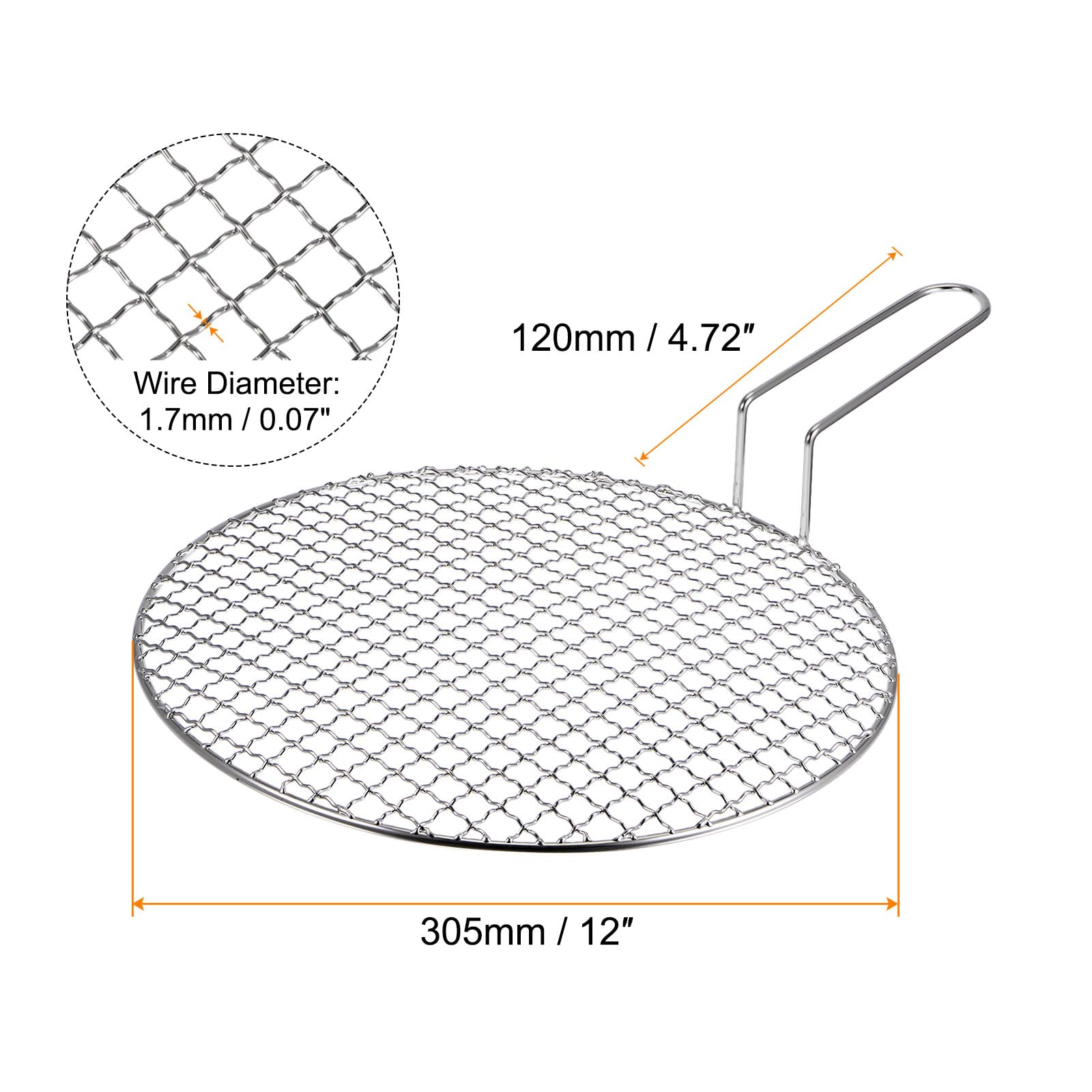 sourcing map Rejilla de Acero Inoxidable, Rejilla para Barbacoa Redonda de 12", Parrilla Malla para BBQ, Rejilla de Alambre para Hornear Antiadherente con Asa, para Filete BBQ al Carbón