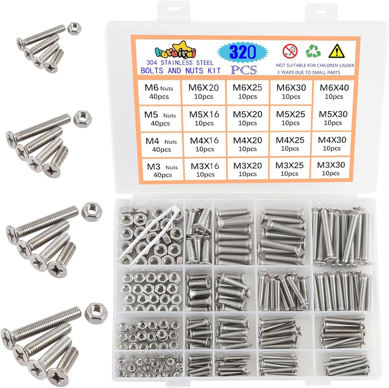 Nut and Bolts Set M3 M4 M5 M6 304 Stainless Steel Flat Head Cross Screw Bolt Nuts Kit Hexagon Machine Screw With Storage Box 320PCS
