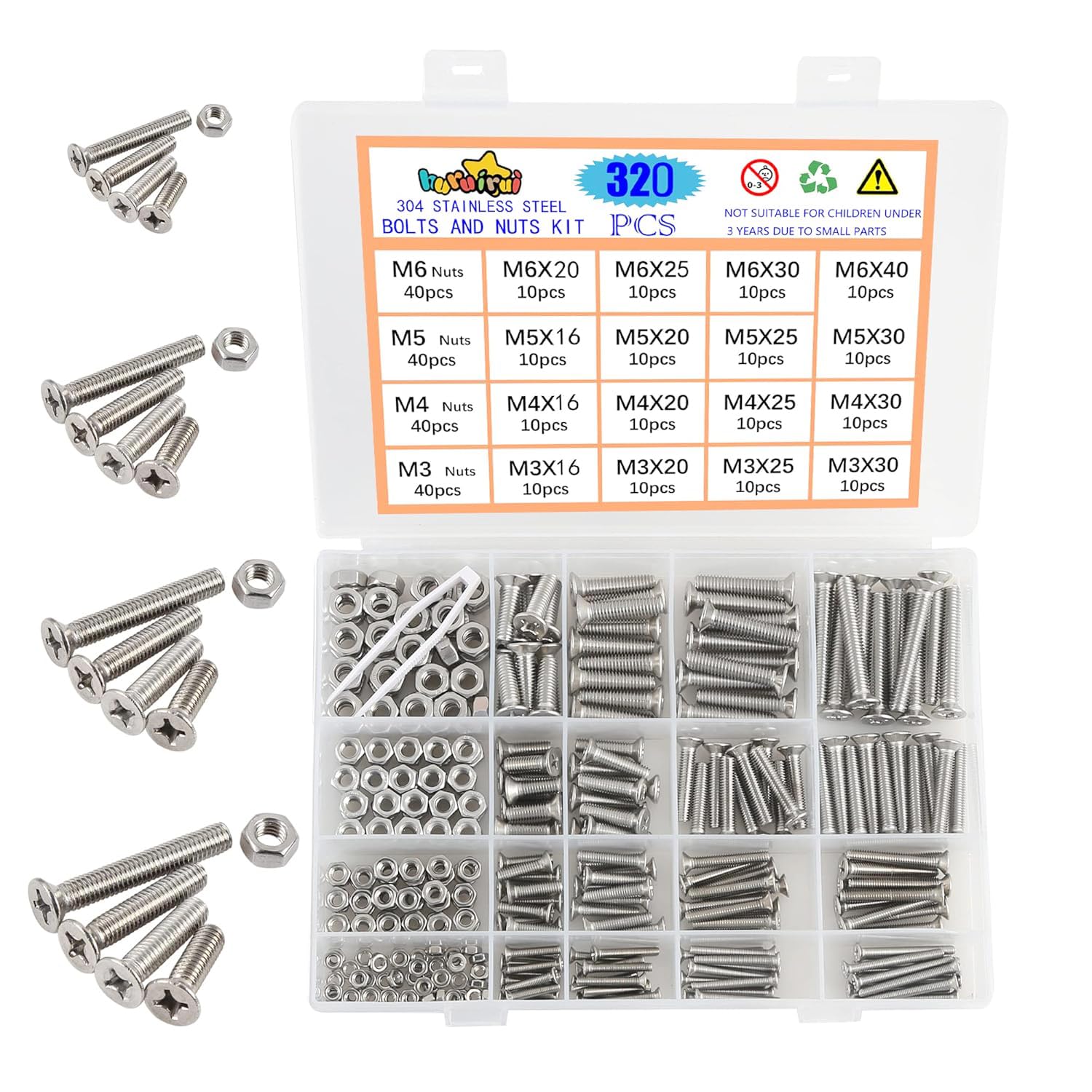 Nut and Bolts Set M3 M4 M5 M6 304 Stainless Steel Flat Head Cross Screw Bolt Nuts Kit Hexagon Machine Screw With Storage Box 320PCS