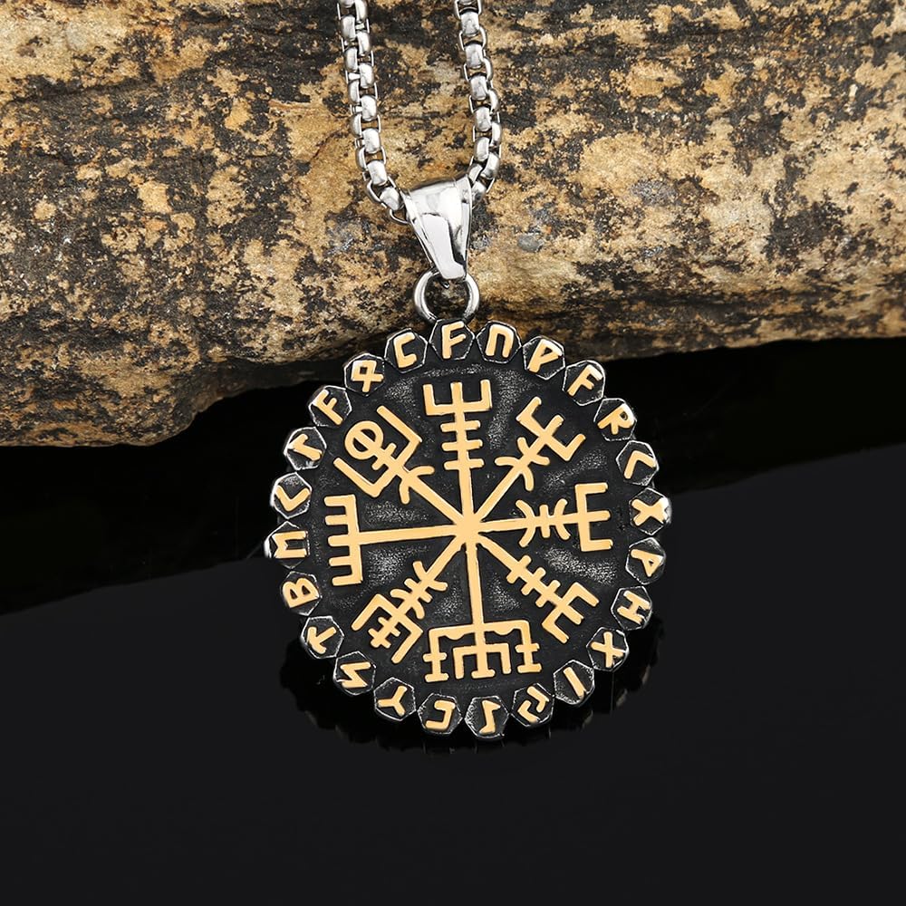 Viking Helm of Awe Pendant Necklace, Stainless Steel Chain, Norse Rune Symbol, Two-Tone Black and Gold Finish - Image 5