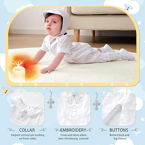 Miniatura 4 de Booulfi Trajes de bautizo para niños, de manga larga, color blanco, mameluco para otoño, invierno, iglesia, recién nacido