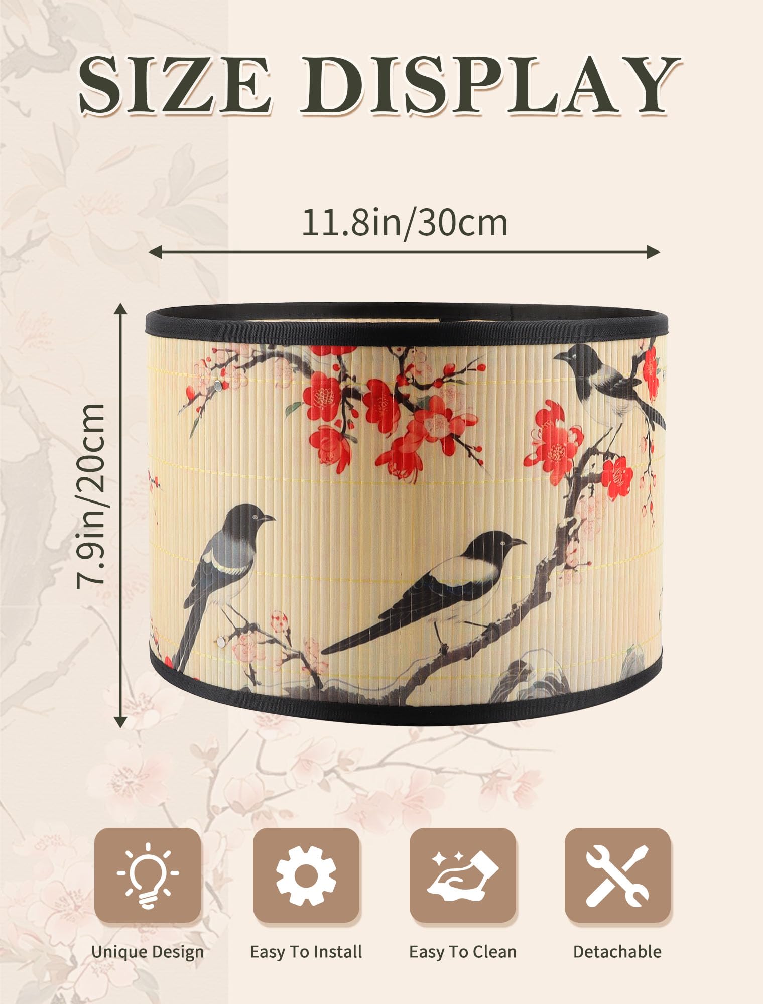 11.8 Inch Bamboo Drum Lampshade, Natural Flower Print Design, Clip-On Fitment for Table & Floor Lamps - Image 2