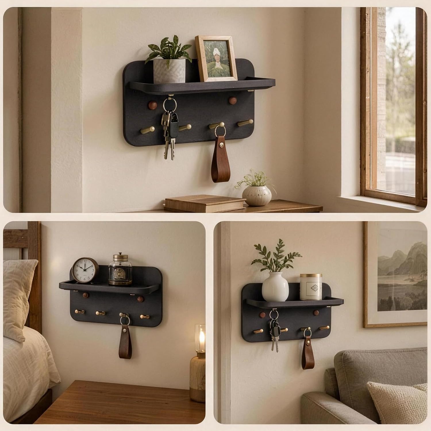 Wooden Wall Mounted Key Holder 7.8 Inch, Key Rack with Shelf for Entryway Bedroom