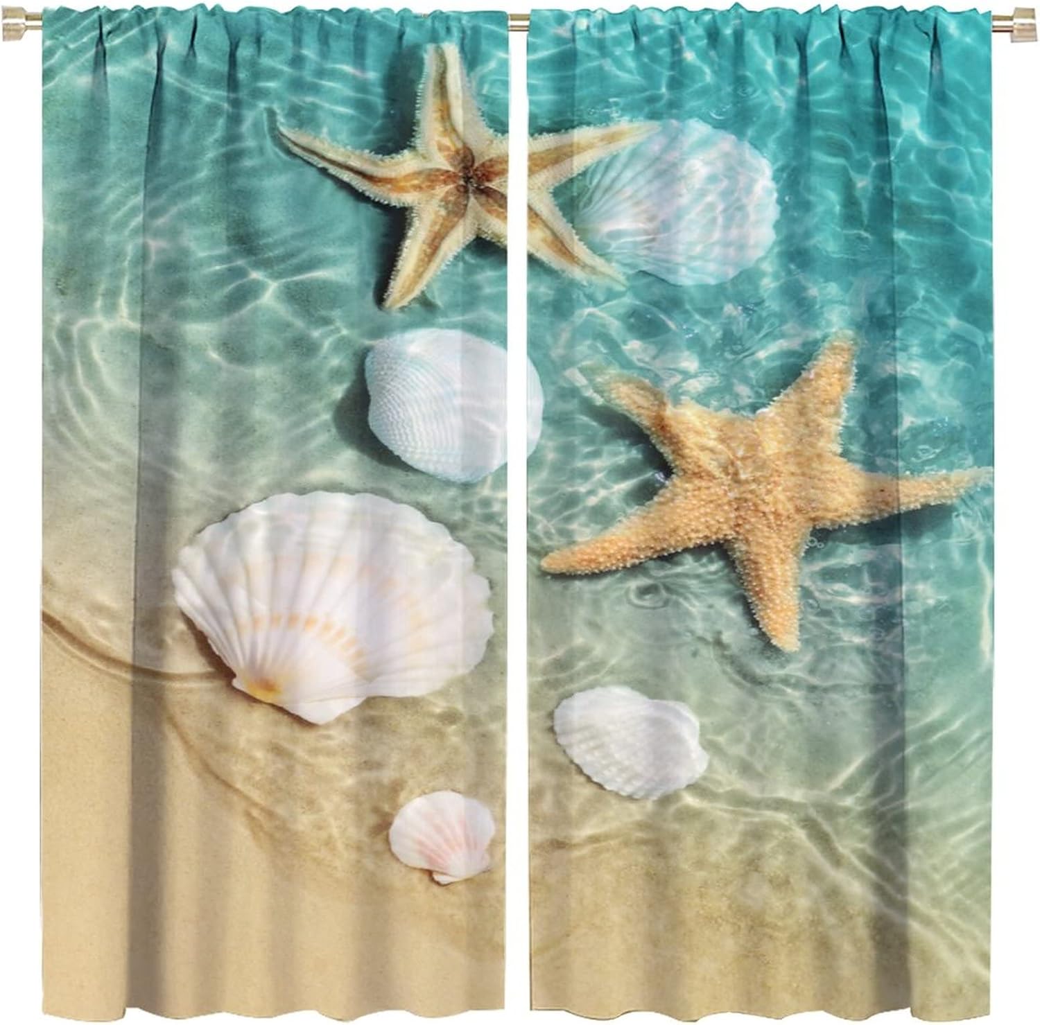 Ocean Theme Curtains, Starfish and Seashells Overflowing in Seawater, Bedroom Living Room Decorative Room Noise Reduction Darkening Window Curtains, 2 Sets of Panels, 42x45 Inch.