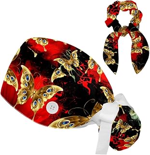 2 Pieces Surgical Cap for Long Hair Scrub Cap with Hairband Nurse Cap, Red Flower with Butterflies