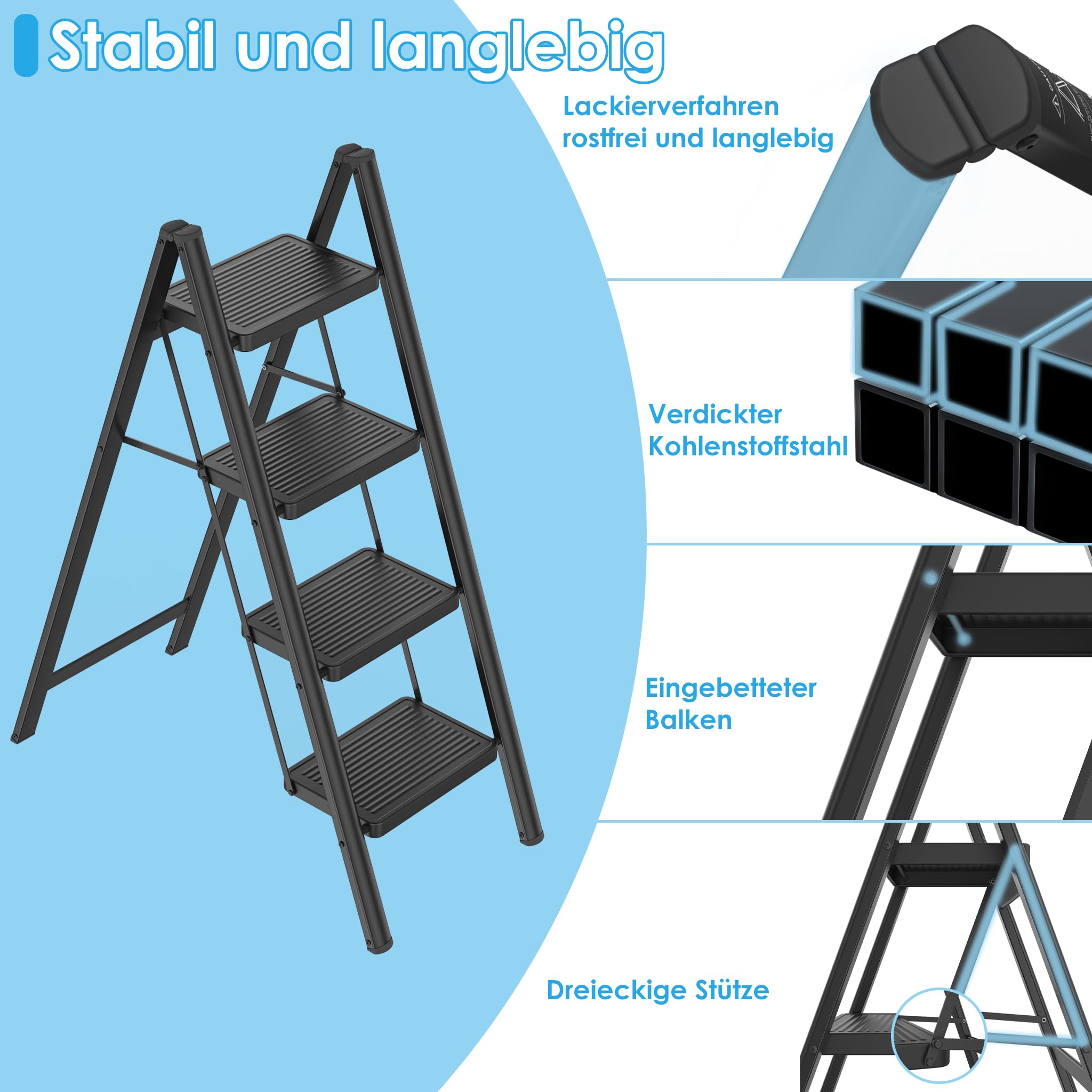 UISEBRT Trittleiter 4 Stufen Klappbar, Stehleiter, rutschfeste Haushaltsleiter mit Breiten Stufen, Belastbar bis 250KG, Faltbar für Haushalt, Küche, Büro, Schwarz