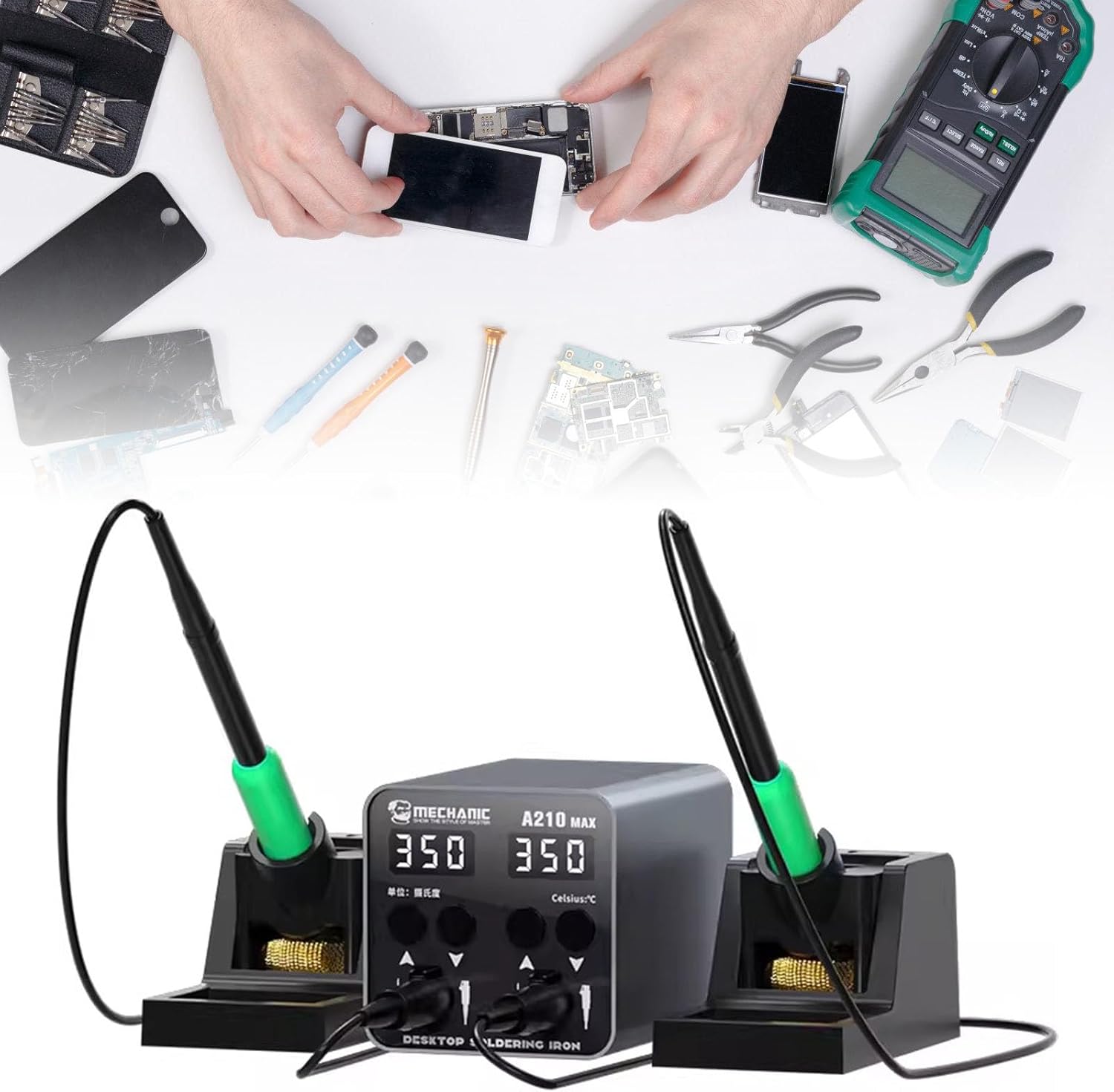 A210 Intelligent Soldering Station with Double C210 Tips Holder Welding Rework Platform for Phone PCB Electronic Component Soldering Device