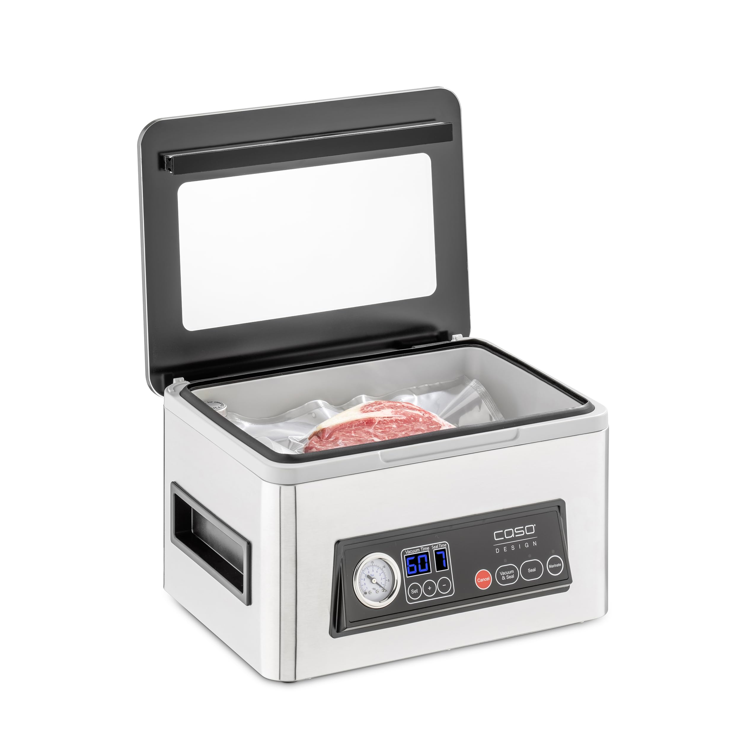CASO VacuChef 50 odkurzacz komorowy ze stali nierdzewnej, 70 l/min, 4 komory, podwójne spawanie (2 mm), funkcja marynowania, z 30 workami uszczelniającymi, uszczelka zapasowa i wąż próżniowy