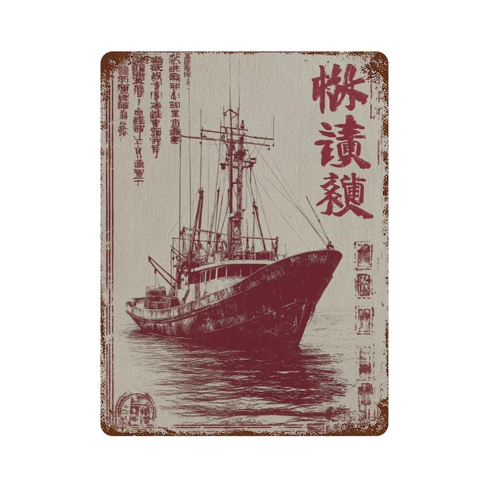 xiaoxiaoshen Japanese Fishing Boat Maritime Red Ink Ship Asian Style Nautical Wall Decor Art Metal Tin Poster Modern Home Decor Art Home Bar Shop Decorations Vintage Sign 40x30cm