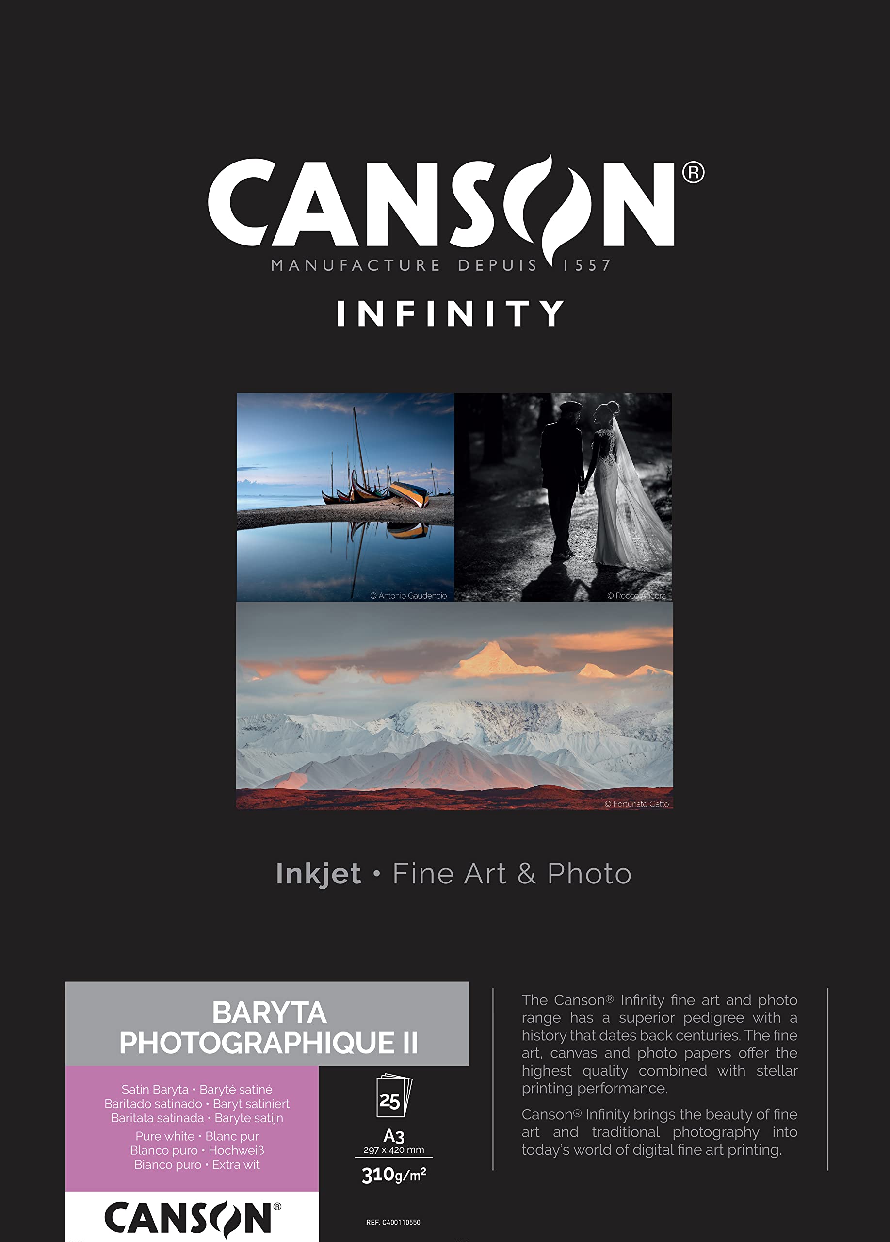 Canson Infinity Baryta Photographique II, digitaal papier, vintage design, baryta gesatineerd, 310 g, vel, A3-29,7 x 42 cm, zuiver wit, 25 vellen