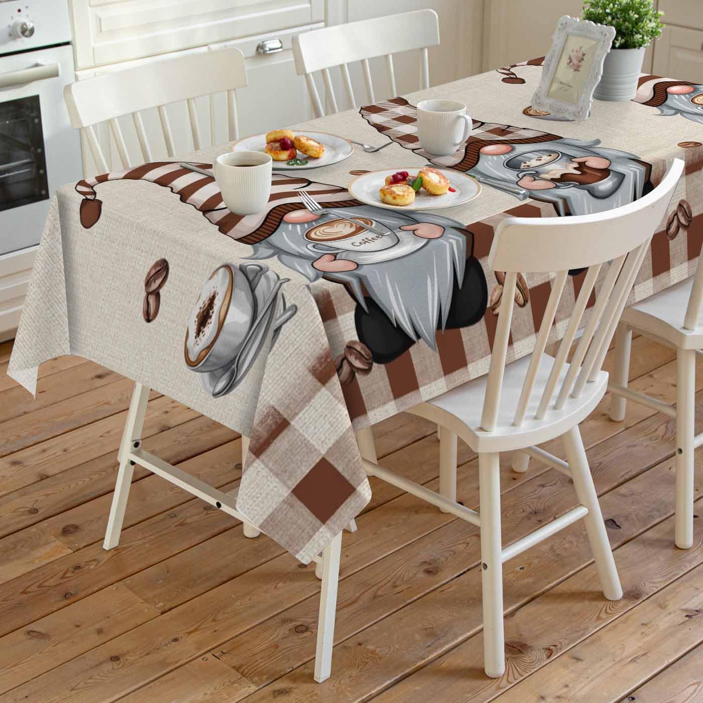 Rectangle Gnomes Coffee Tablecloth Waterproof & Stainproof Tablecloths,Vintage Brown Buffalo Plaid Stripes Wipeable Table Cloth Wrinkle-Free for Round/Rectangle/Oval/Square/Dining/Party/Wedding,54x108