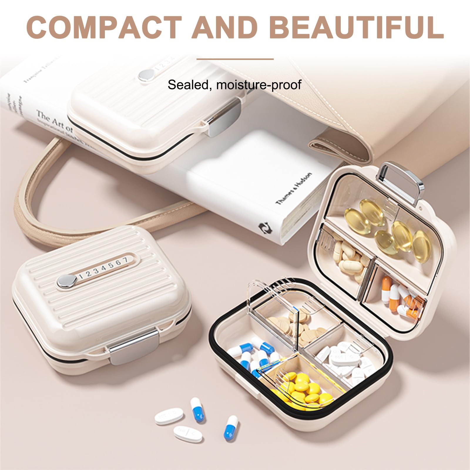 Lot de 2 piluliers de voyage avec étiquettes de médicaments, 7 compartiments, pilulier portable pour pharmacie de poche (blanc nacré, taille S + L)