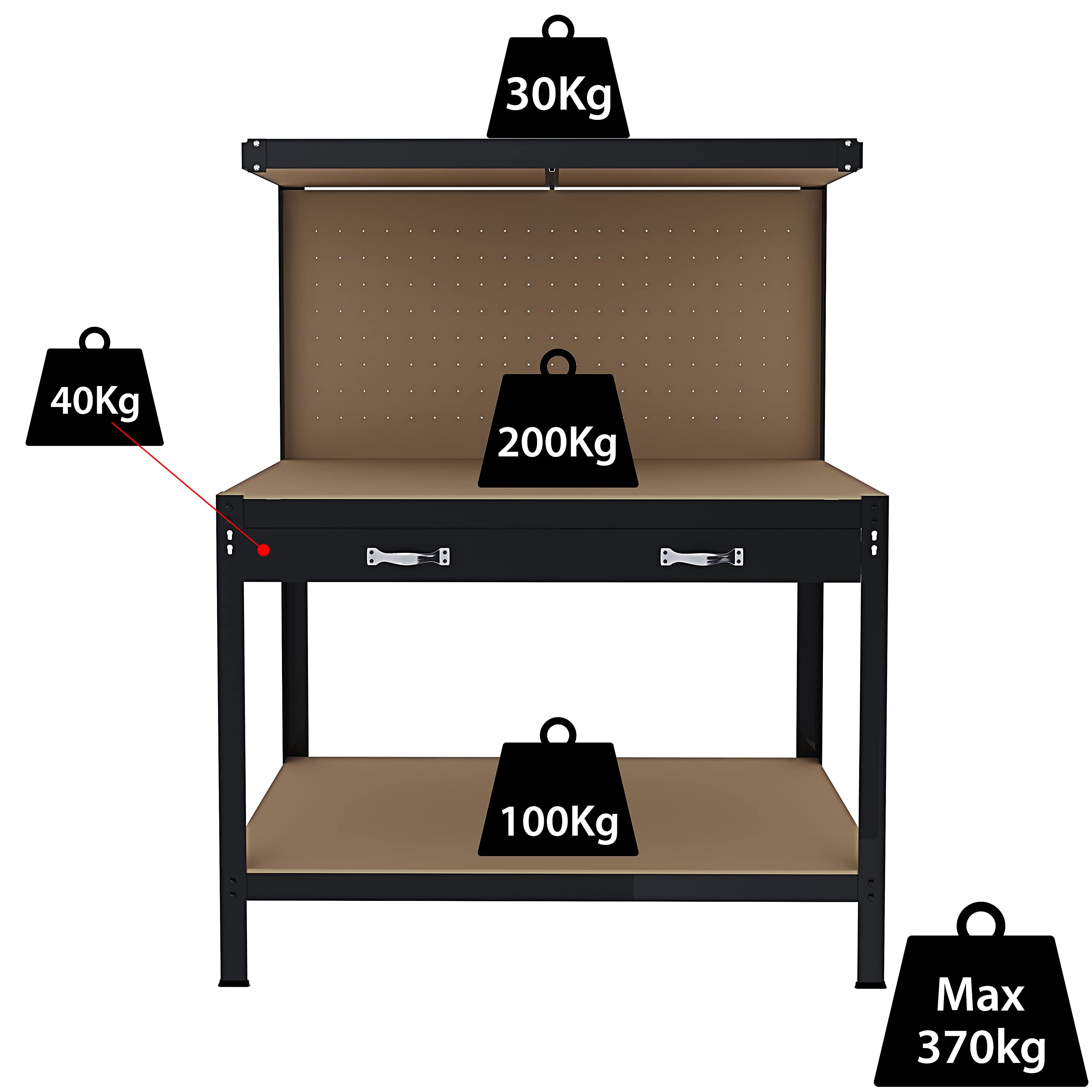 Banco da Lavoro 3 Livelli 120x60 cm 370 kg Cassetto Pannello Forato Nero