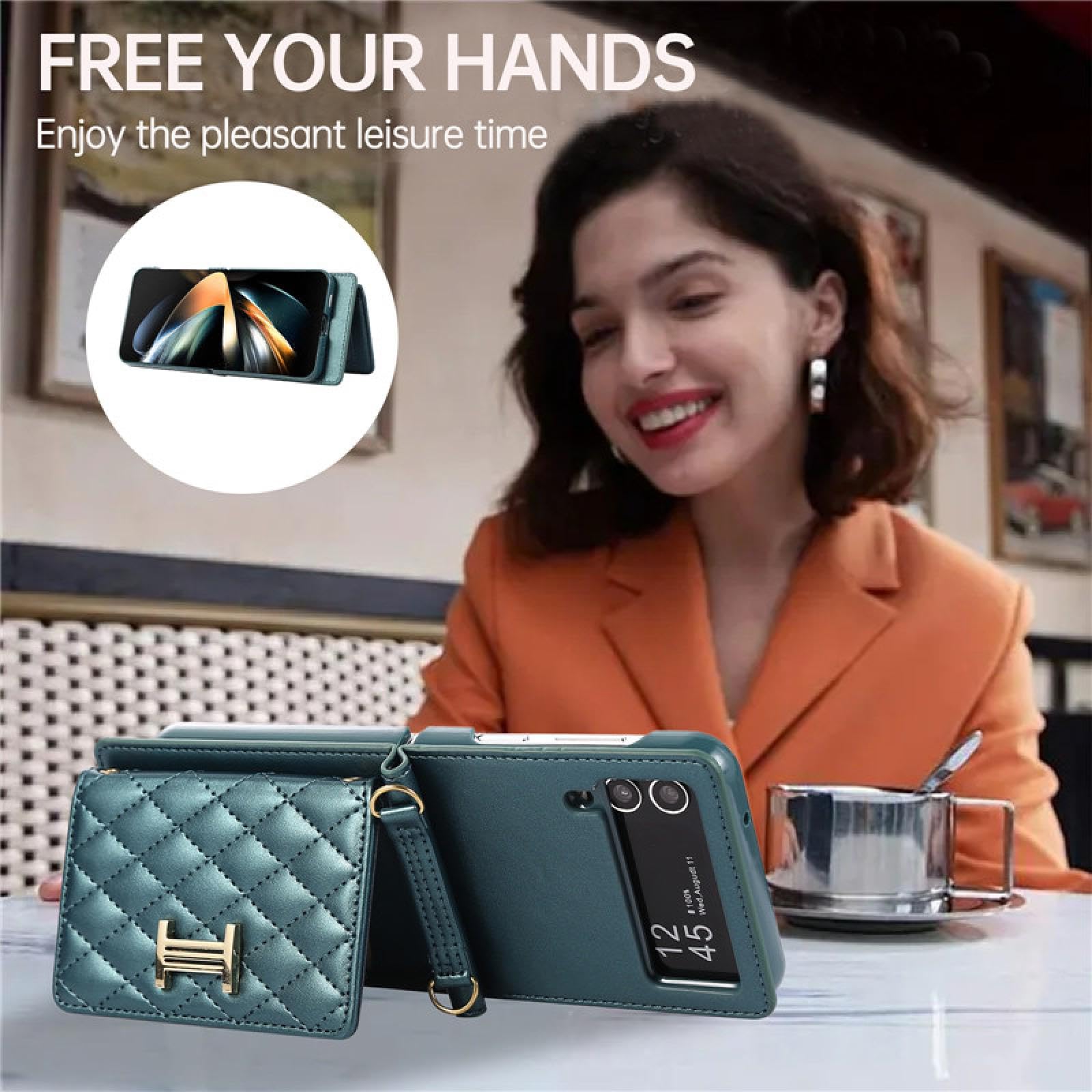 Do Samsung Z Flip 3 Wrist Rope Leather Wallet Card Phone Case Crossbody Lanyard Cover (Do Samsung Z Flip 3/czarny)
