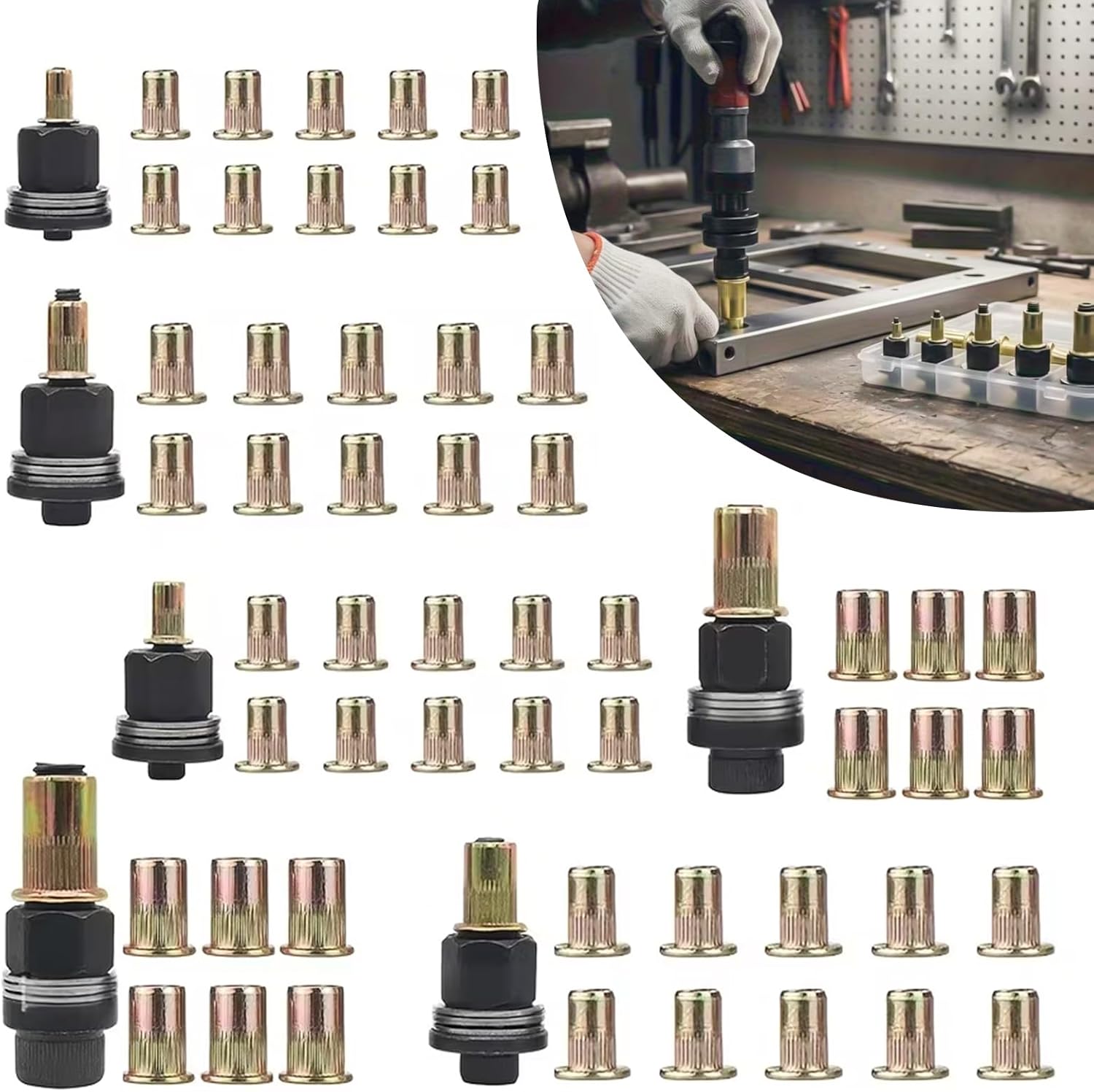 6 Piece Rivet Nut Pliers Set, Press-in Nuts for M3 M4 M5 M6 M8 M10 Rivet Nuts, Rivet Pliers Rivet Nuts Set with 60 Pieces Nuts, Retractable Nuts for Rivet Nut Tool Manual Riveting Machine