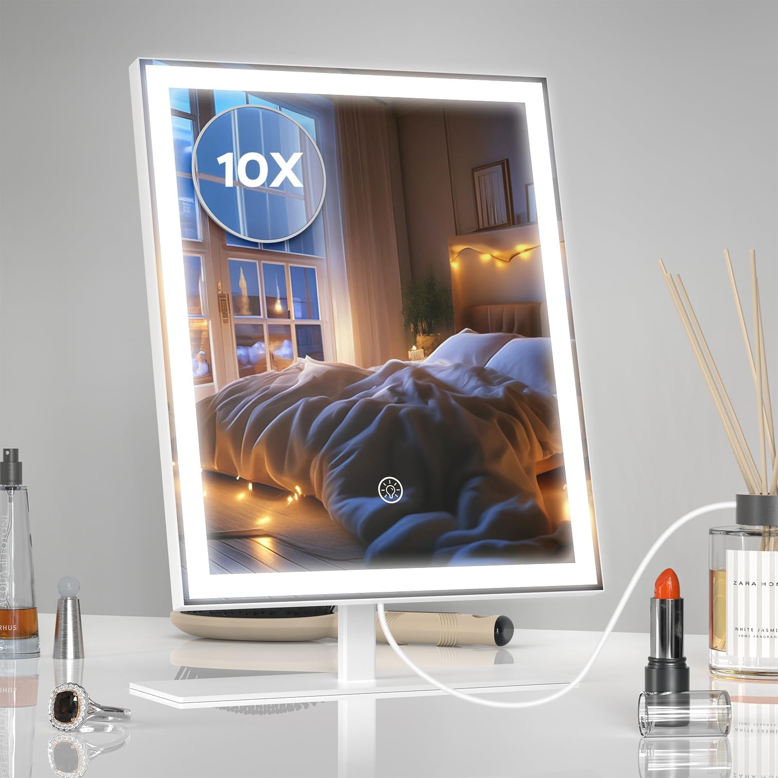 Vanity Mirror, LED Makeup Mirror with Lights, Dimmable Light up Mirrors for Dressing Table, 3 Lighting Modes, 120° Rotatable, Touch Control, Easy to Clean, 25 x 34cm, White, Powered by USB-C