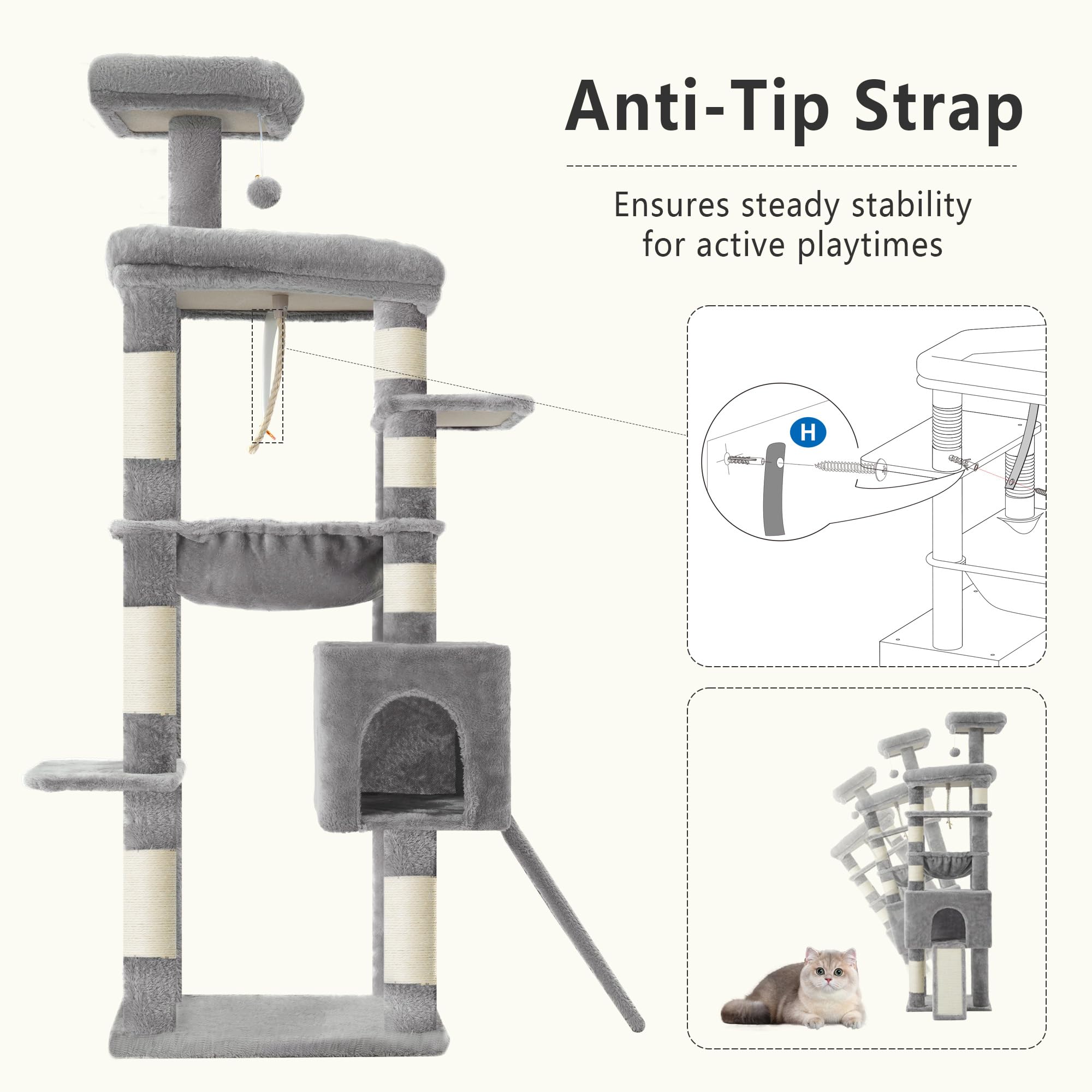 Heybly Albero Tiragraffi per Gatti Robusto 163 cm, Struttura Allargata con Grandi Piattaforme. Graffioio in Sisal Integrato, Amaca XXL e Cuccia. Mobile Design Stabile per Gatti, Grigio Chiaro HCT027W