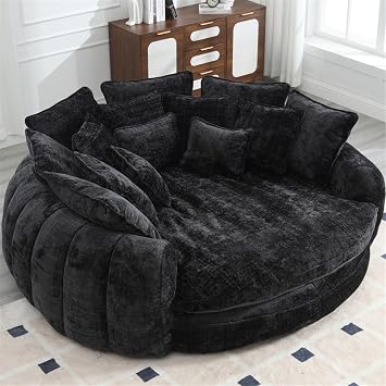 Oversized Round Chaise Lounge Chair, 81.1in Extra Wide Round Accent Chair for 2 People, Upholstered Barrel Chair, 14 Pillows, Comfy Cloud Daybed Lounge Fluffy Sleeper Sofa Chair Black