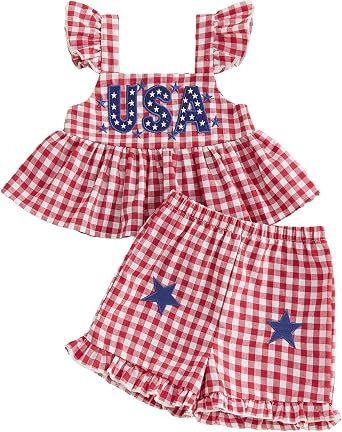 MoZiKQin Toddler Baby Girl 4th of July Outfit American Flag Ruffle Shirt Stars Print Shorts Memorial Day Outfit for Girls