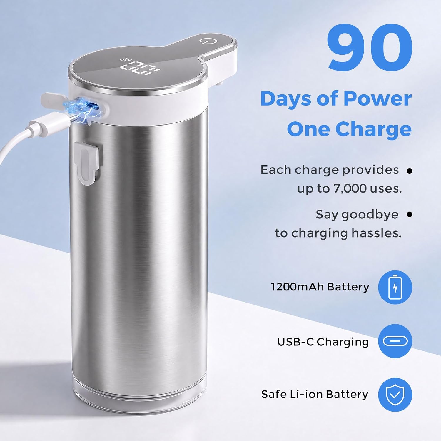 Automatic Soap Dispenser Touchless,Stainless Steel Hand Soap Dispenser,11.8oz/350ml,4 Adjustable Levels,USB Rechargeable,Desktop & Wall-Mounted Dual Use,for Kitchen & Bathroom,Liquid White image 3