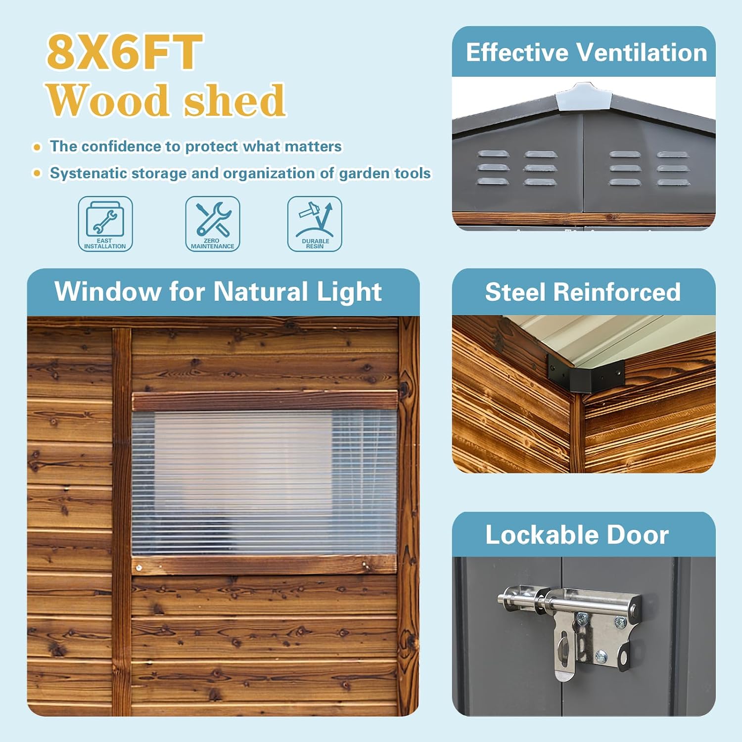 Key features of the Endark 6x8FT Storage Shed: effective ventilation, natural light window, steel reinforcement, and lockable door.