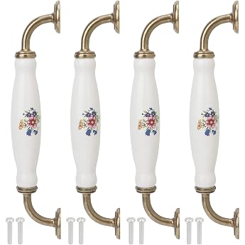 Pack of 4 Floral Pattern Furniture Handles Vintage Wardrobe Door Handle with Screws Ceramic Drawer Handles Hole Spacing 160 mm for Kitchen Cabinet Drawer Bedroom