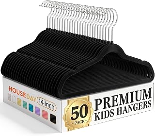 HOUSE DAY 14 Inch Kids Velvet Hangers 50 Pack, Durable Big Kid Hanger Black
