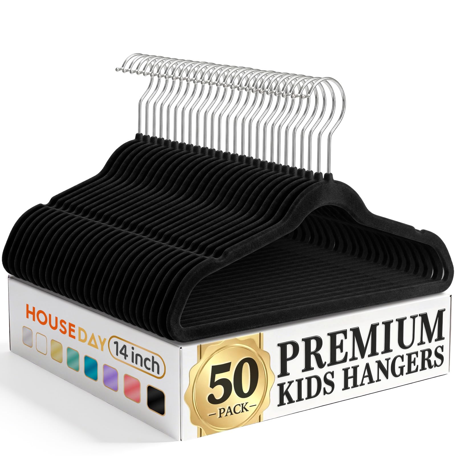 House Day Paquete de 50 Perchas de Terciopelo para niños, Perchas prémium para niños, duraderas y Antideslizantes para niños, Perchas de Fieltro para niños, Color Negro, 14 Pulgadas, Color Negro