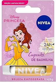 NIVEA Hidratante Labial Cupcake de Baunilha Ed. Limitada Bela Disney® Princesa 4,8g, Hidratação Intensa 24h, Cor Suave, Brilho Delicado, Manteiga de Karité