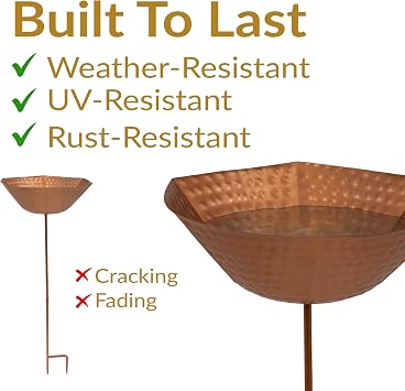 Sunnydaze Hammered Copper Bird Bath for Outside with Stake, 34.25-Inch H | Iron Freestanding Bird Bath with UV-Resistant Copper Finish, Staked Pedestal Base, for the Garden, Patio or Backyard