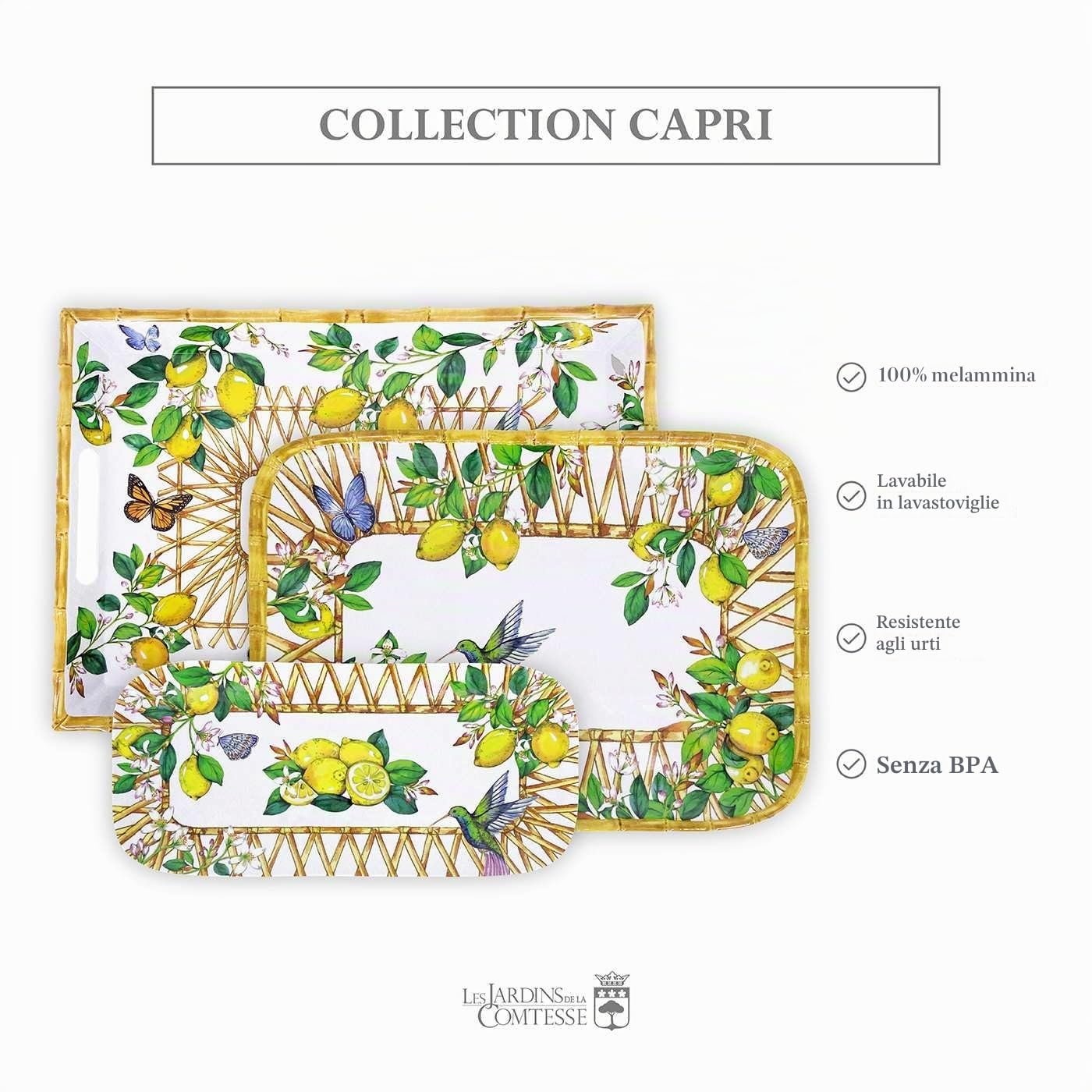 Les Jardins de la Comtesse - Grande vassoio rettangolare con manici in melamina - Capri - 50 cm - Limoni gialli - Stoviglie quasi infrangibili MelARTmine