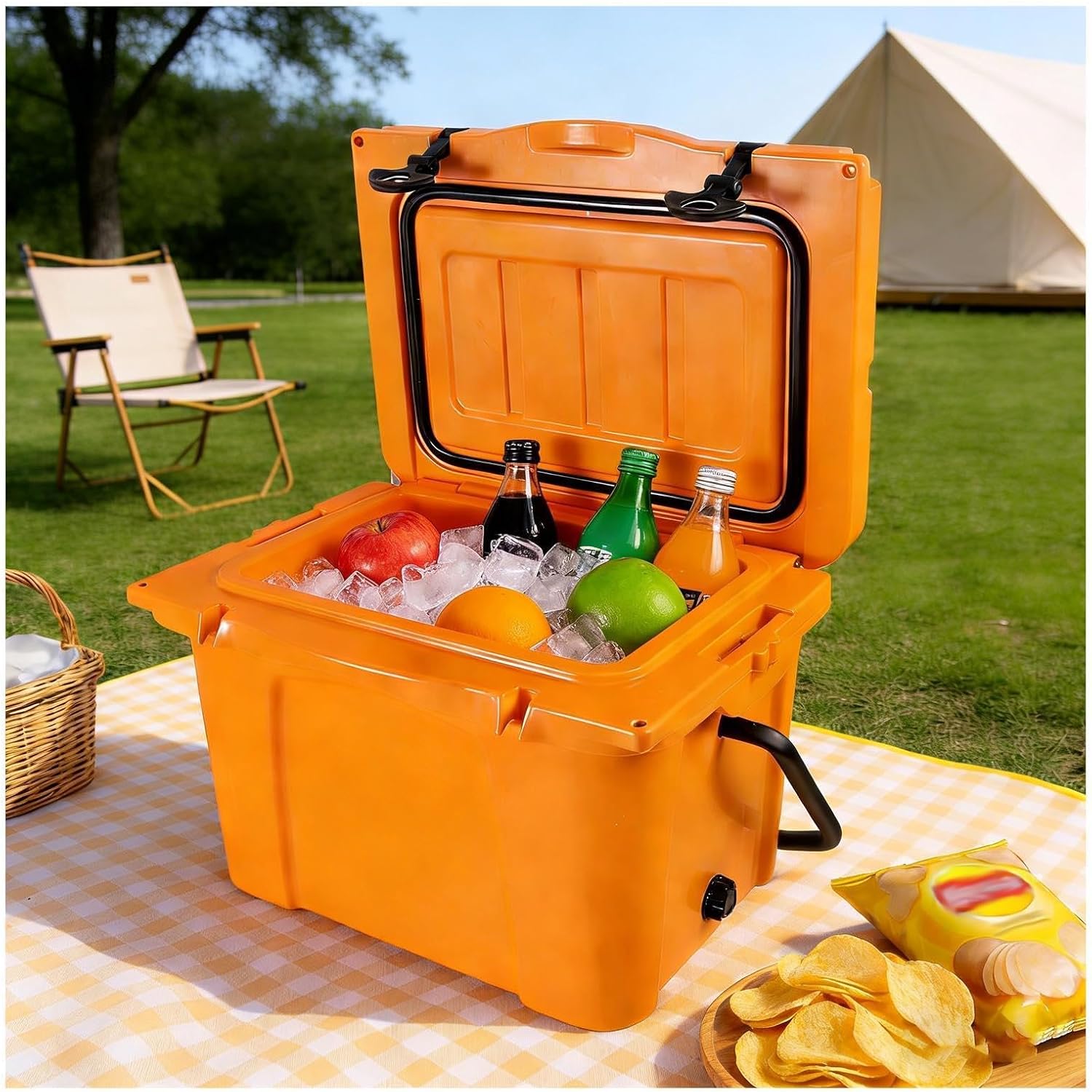 25QT Portable Cooler with Bottle Opener, Cup Holder, Forming Ruler and Portable Handle Outdoor Insulated Cooler Long-Term Insulation, for Camping, Fishing and Everyday Use