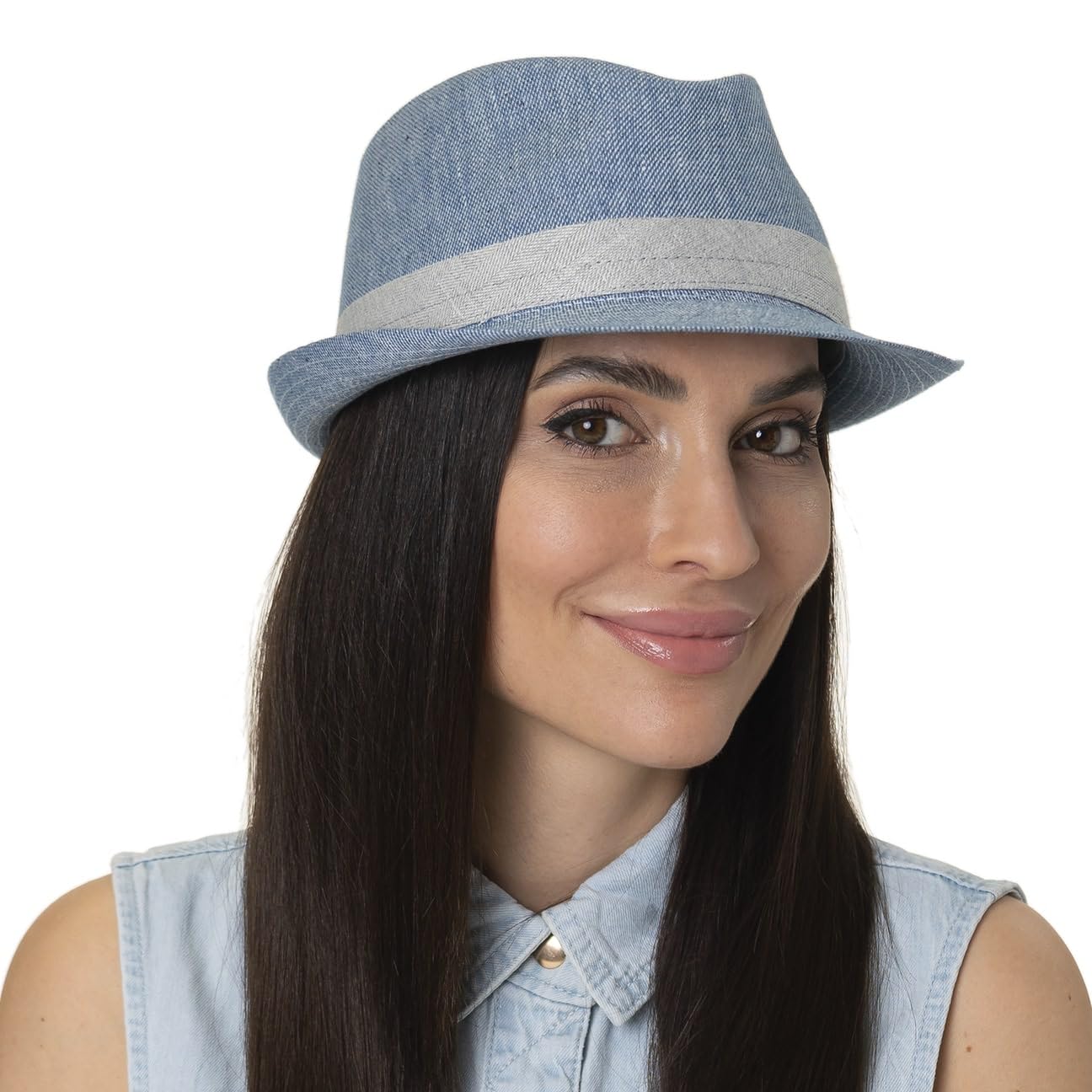 Lierys Chapeau Payato New Denim Trilby Femme/Homme - Made in Italy D'Ete en Tissu de Soleil avec Doublure Ete Printemps-ete