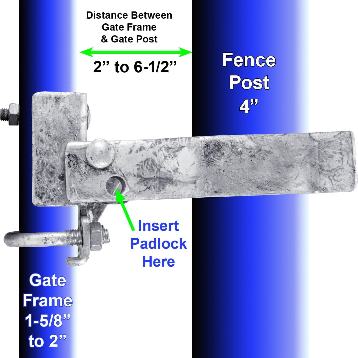 Commercial Single GATE Strong Arm Latch for 4" Fence Post - and 1-5/8" Thru 2" Chain Link or Round Pipe Gate Frames