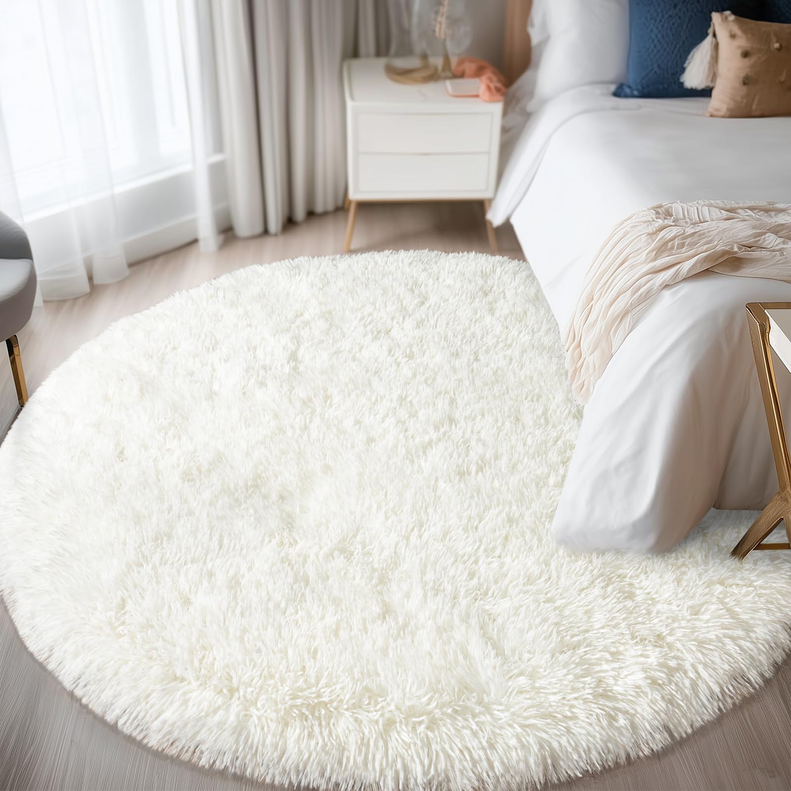 WISH TREE Round White Rug for Bedroom, 6 ft Circle Area Rugs for Living Room, Soft Fluffy Shag Carpet for Teen Girls Boys Nursery Room Dorm Home Decor Aesthetic — image 1