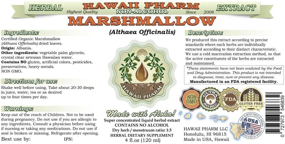 Hawaii Pharm Marshmallow Alcohol-Free Liquid Extract, Organic Marshmallow (Althaea officinalis) Dried Leaf Glycerite Natural Herbal Supplement, USA 2 oz - Image 2