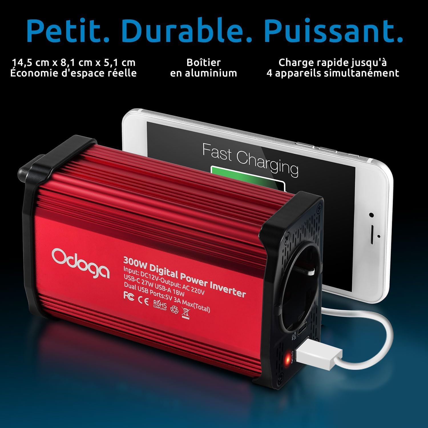 Odoga Convertisseur 12V 220V Voiture – Transformateur 300 W, Onduleur, 3A Port USB-C et USB-A, Convertisseur de Tension, Recharger Votre Ordinateur Portable, Ipad, Iphone et Plus
